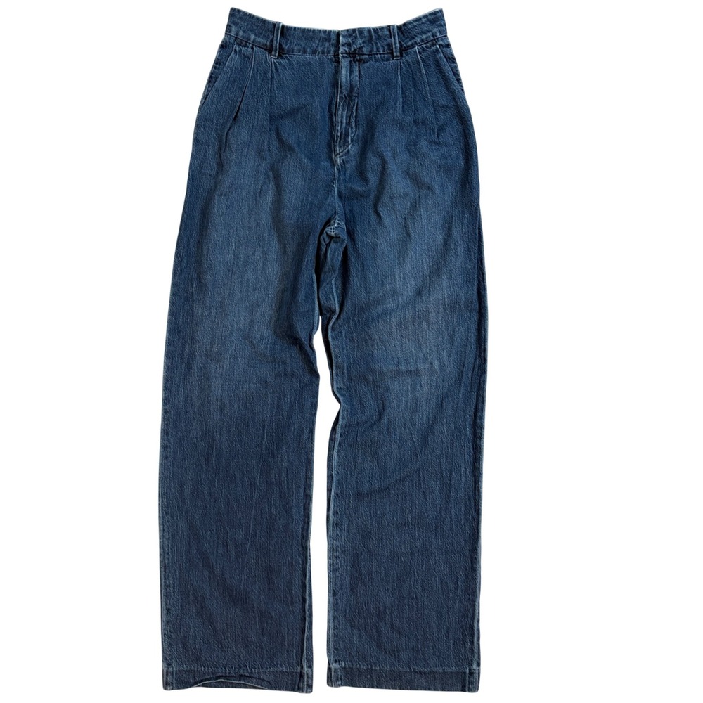 AE77  High Waisted Pleated Wide Leg Jeans Womens Size 2,  Medium Wash Denim